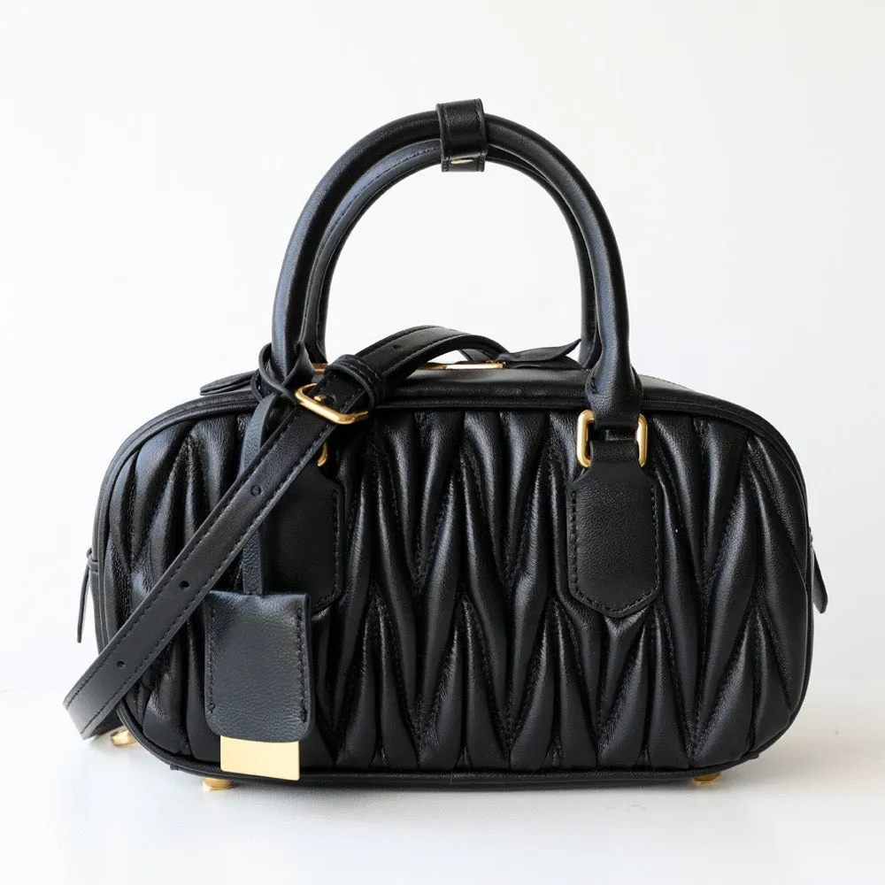 Lambskin Leather Top Handle Ruched Pillow Bag Boston Bag
