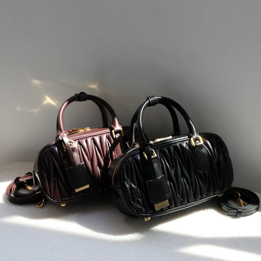 Lambskin Leather Top Handle Ruched Pillow Bag Boston Bag