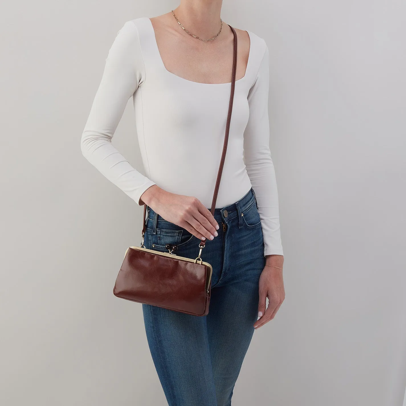 Lauren Frame Crossbody In Polished Leather - Chocolate