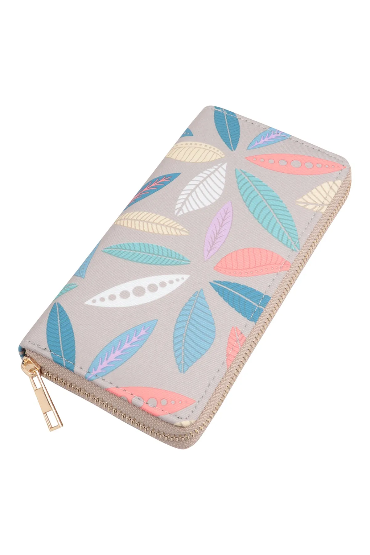 LEAF PRINT LEATHER ZIPPER WALLET