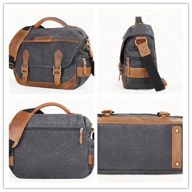 Leather With Canvas Camera Bag Waterproof DSLR Camera Bag Shoulder Messenger Bag QSM3035