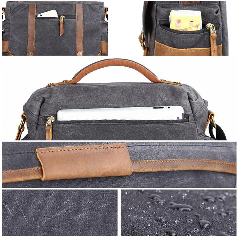 Leather With Canvas Camera Bag Waterproof DSLR Camera Bag Shoulder Messenger Bag QSM3035