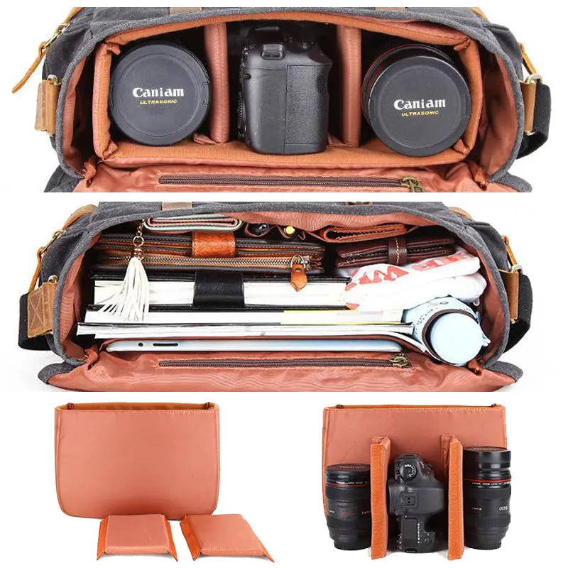 Leather With Canvas Camera Bag Waterproof DSLR Camera Bag Shoulder Messenger Bag QSM3035