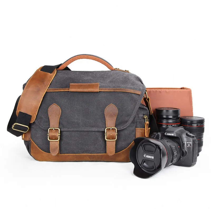 Leather With Canvas Camera Bag Waterproof DSLR Camera Bag Shoulder Messenger Bag QSM3035
