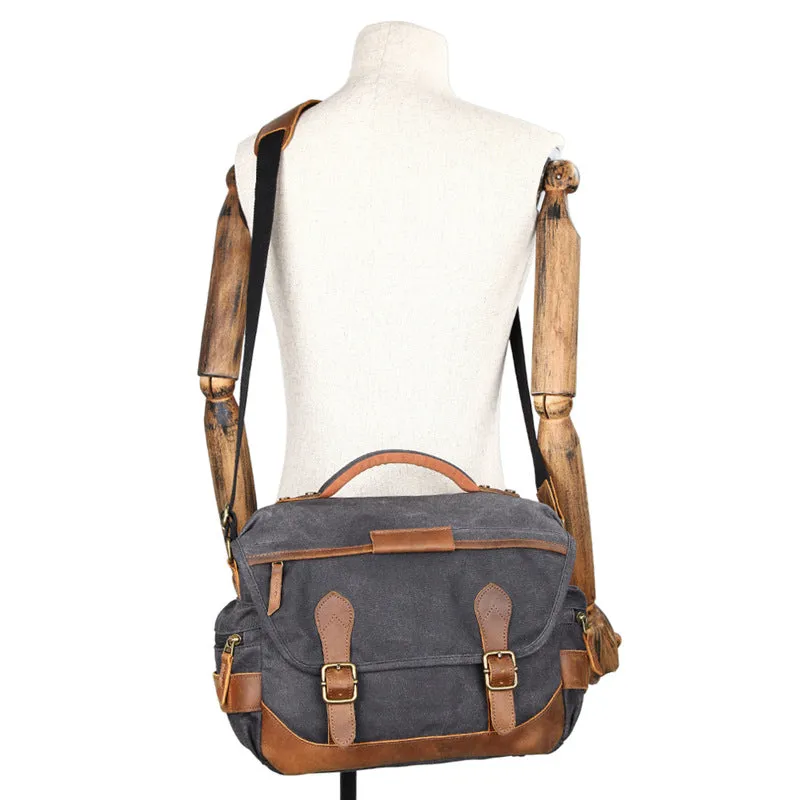 Leather With Canvas Camera Bag Waterproof DSLR Camera Bag Shoulder Messenger Bag QSM3035