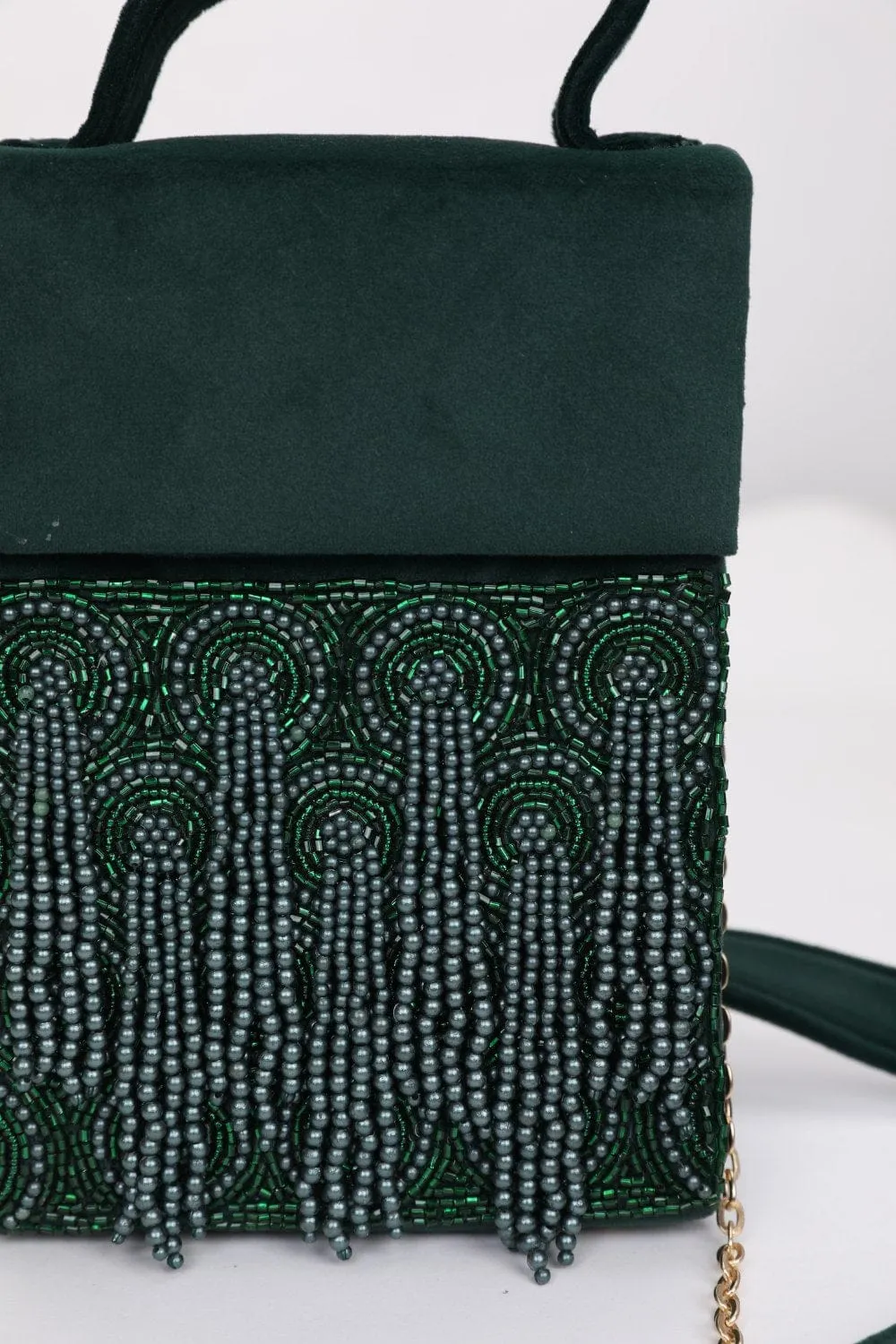 Luxurious Emerald Green Crystal Embroidered Box Clutch