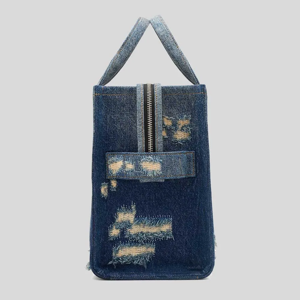 MARC JACOBS The Rip And Repair Denim Medium Tote Bag Punk Indigo RB-2F4HTT002H05