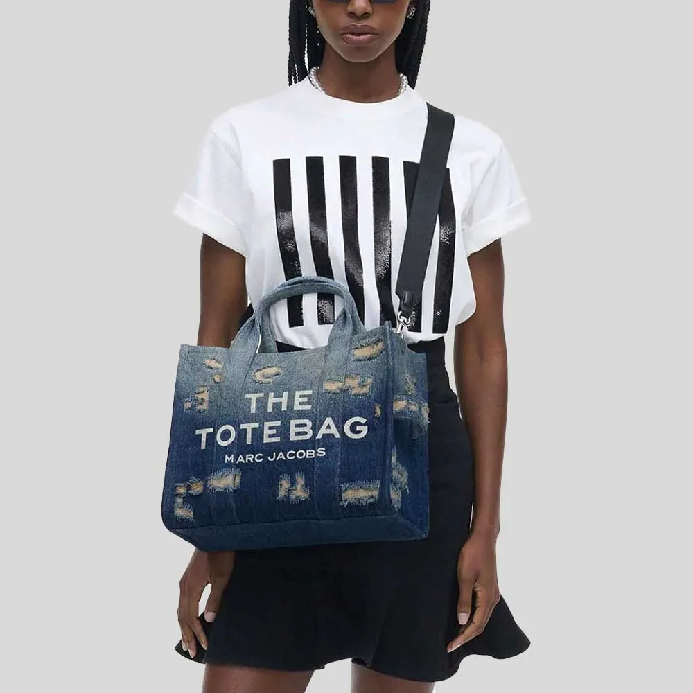 MARC JACOBS The Rip And Repair Denim Medium Tote Bag Punk Indigo RB-2F4HTT002H05