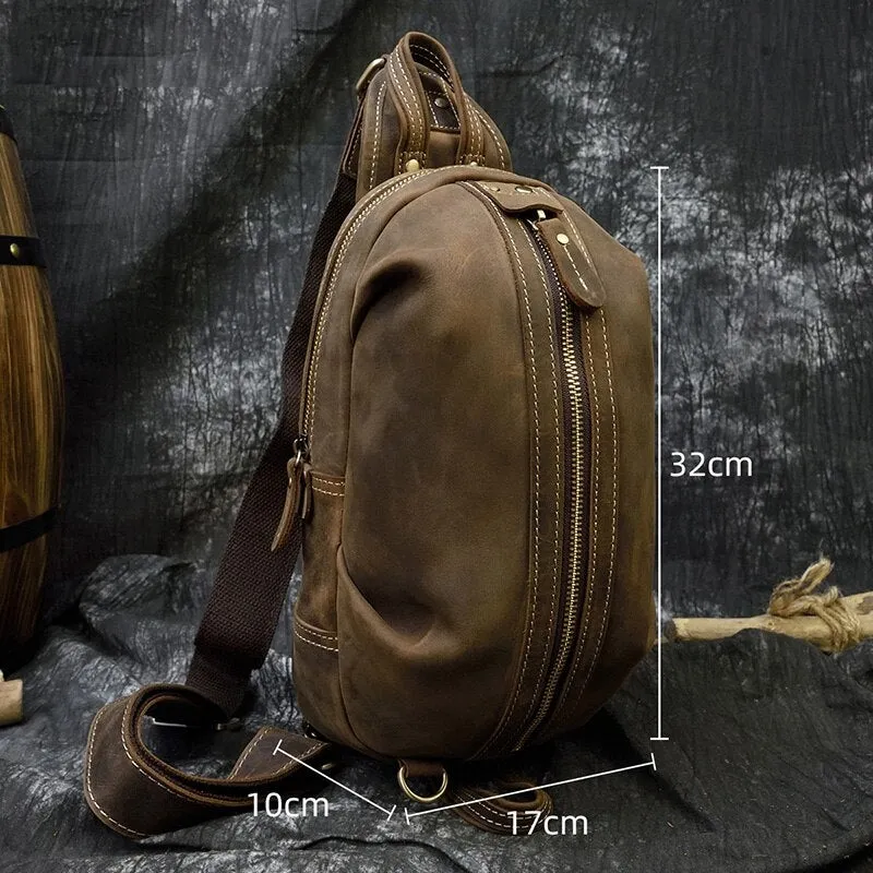 Men Crazy Horse Leather Chest Bag Cowhide iPad Mini Bags