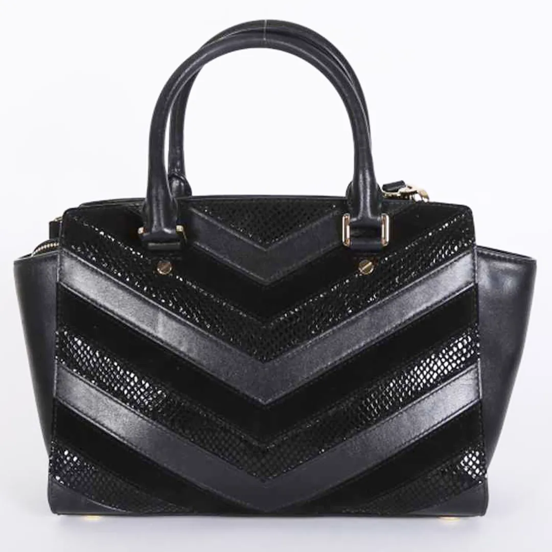 Michael Kors Selma Chevron Satchel Black Leather Tote Top Handle Handbag Bag New