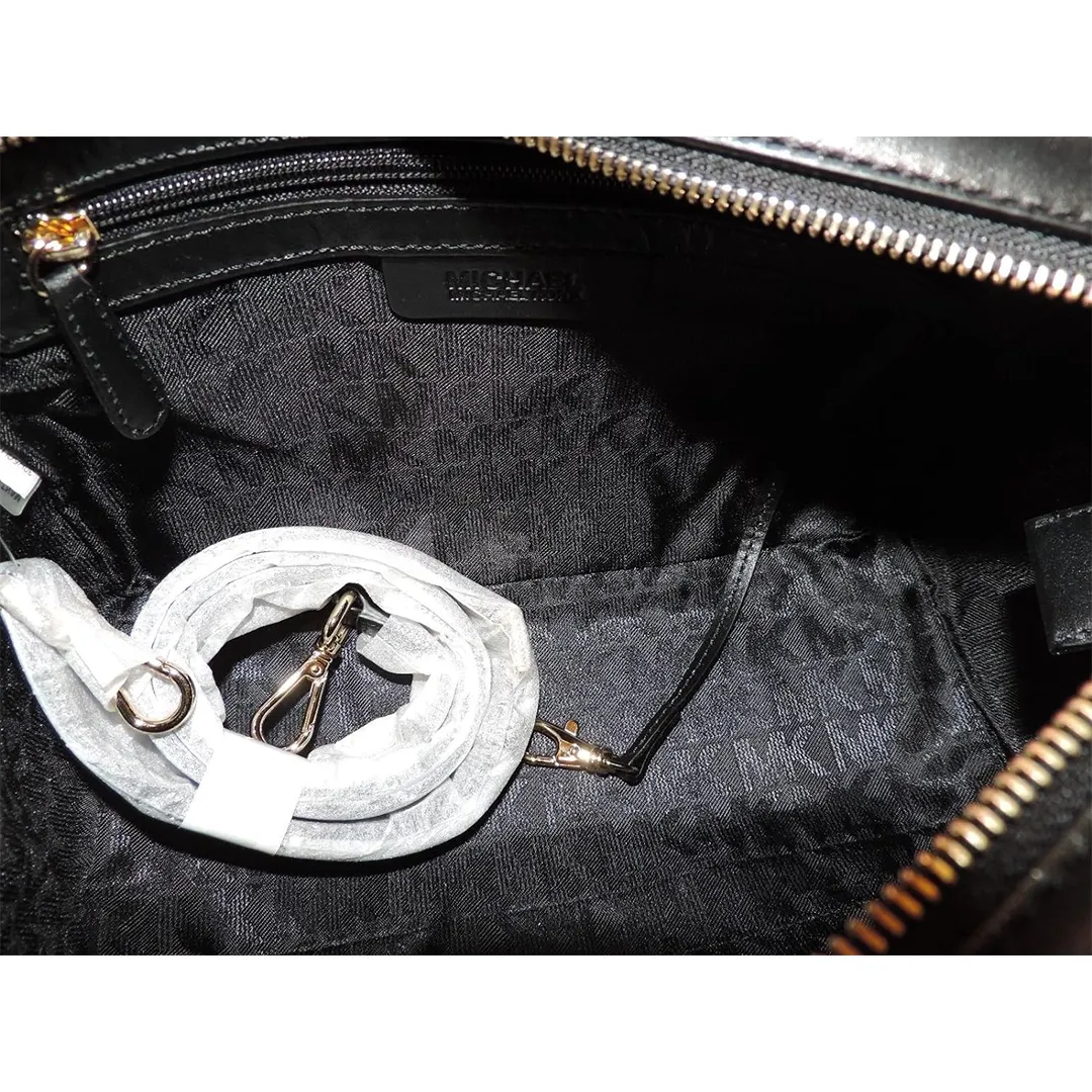 Michael Kors Selma Chevron Satchel Black Leather Tote Top Handle Handbag Bag New