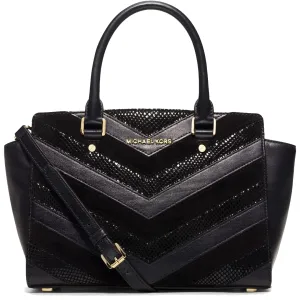 Michael Kors Selma Chevron Satchel Black Leather Tote Top Handle Handbag Bag New