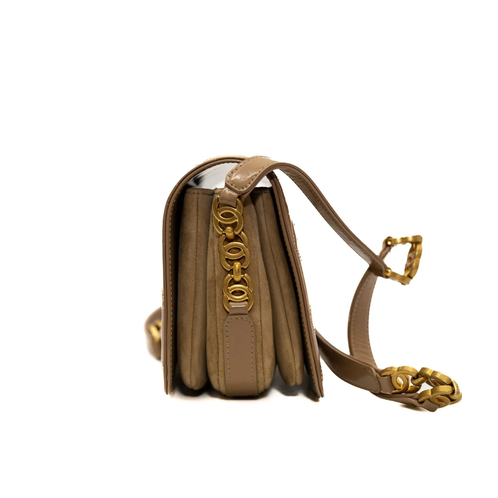 Mini Beige Shiny Calfskin Quilted Messenger Flap Bag GHW
