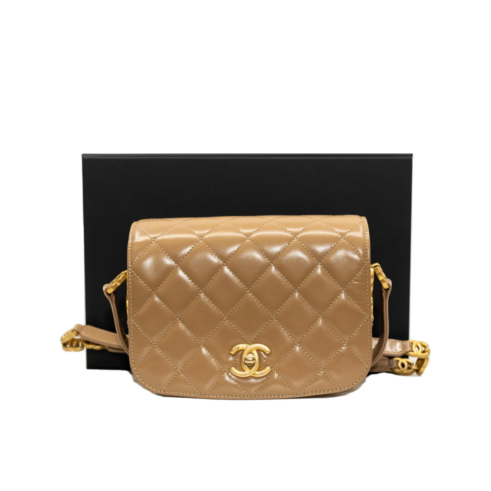 Mini Beige Shiny Calfskin Quilted Messenger Flap Bag GHW