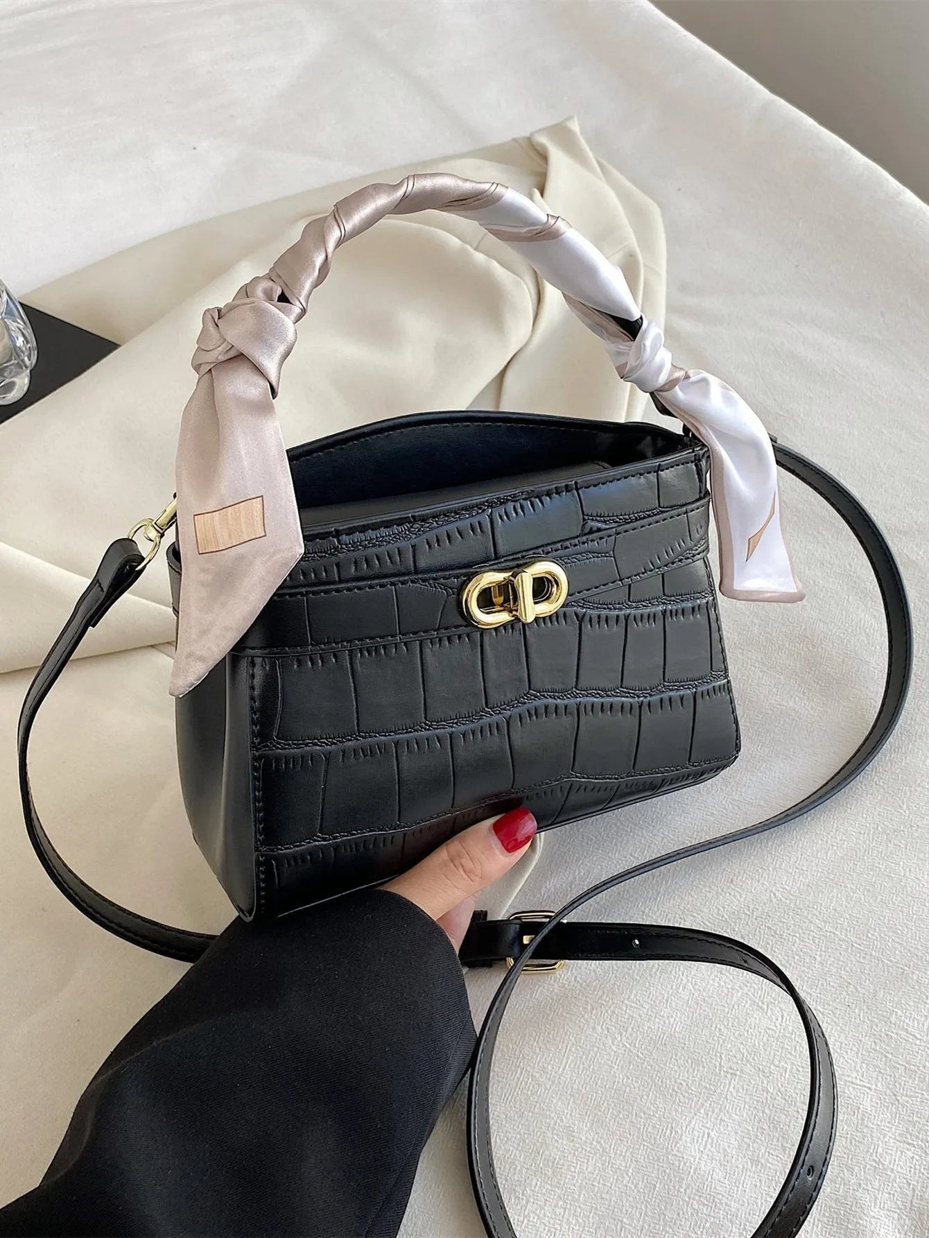 Mini Crocodile Embossed Twilly Scarf Decor Twist Lock Square Bag - Black
