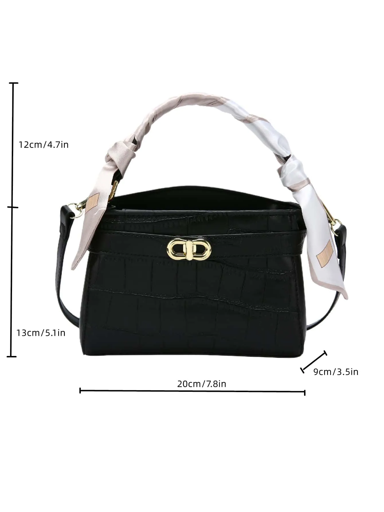Mini Crocodile Embossed Twilly Scarf Decor Twist Lock Square Bag - Black