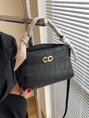 Mini Crocodile Embossed Twilly Scarf Decor Twist Lock Square Bag - Black