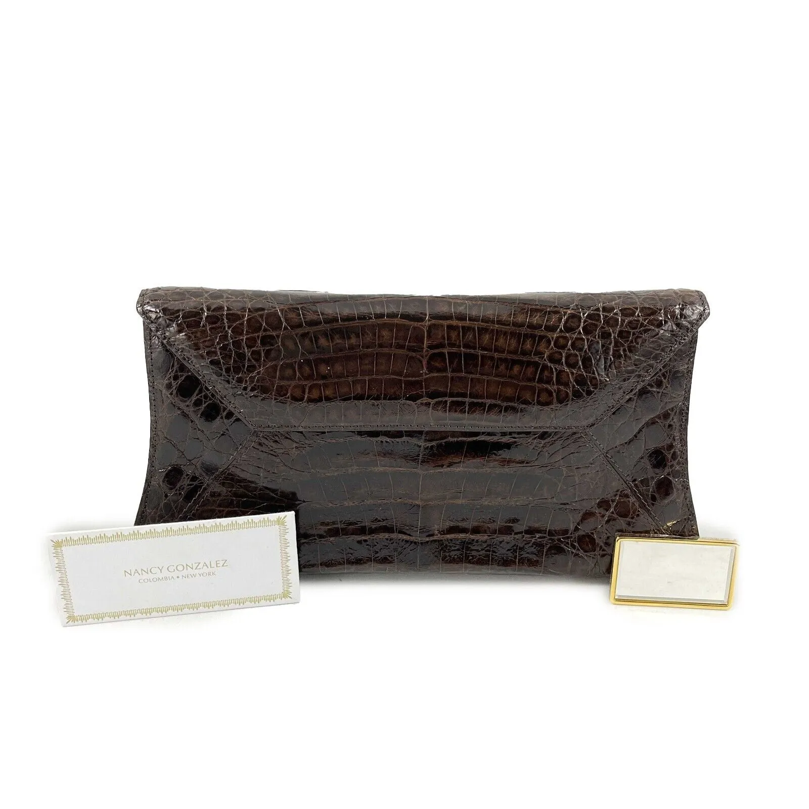 Nancy Gonzalez - Small Crocodile Trapezoid Brown Clutch Envelope Shoulder Bag