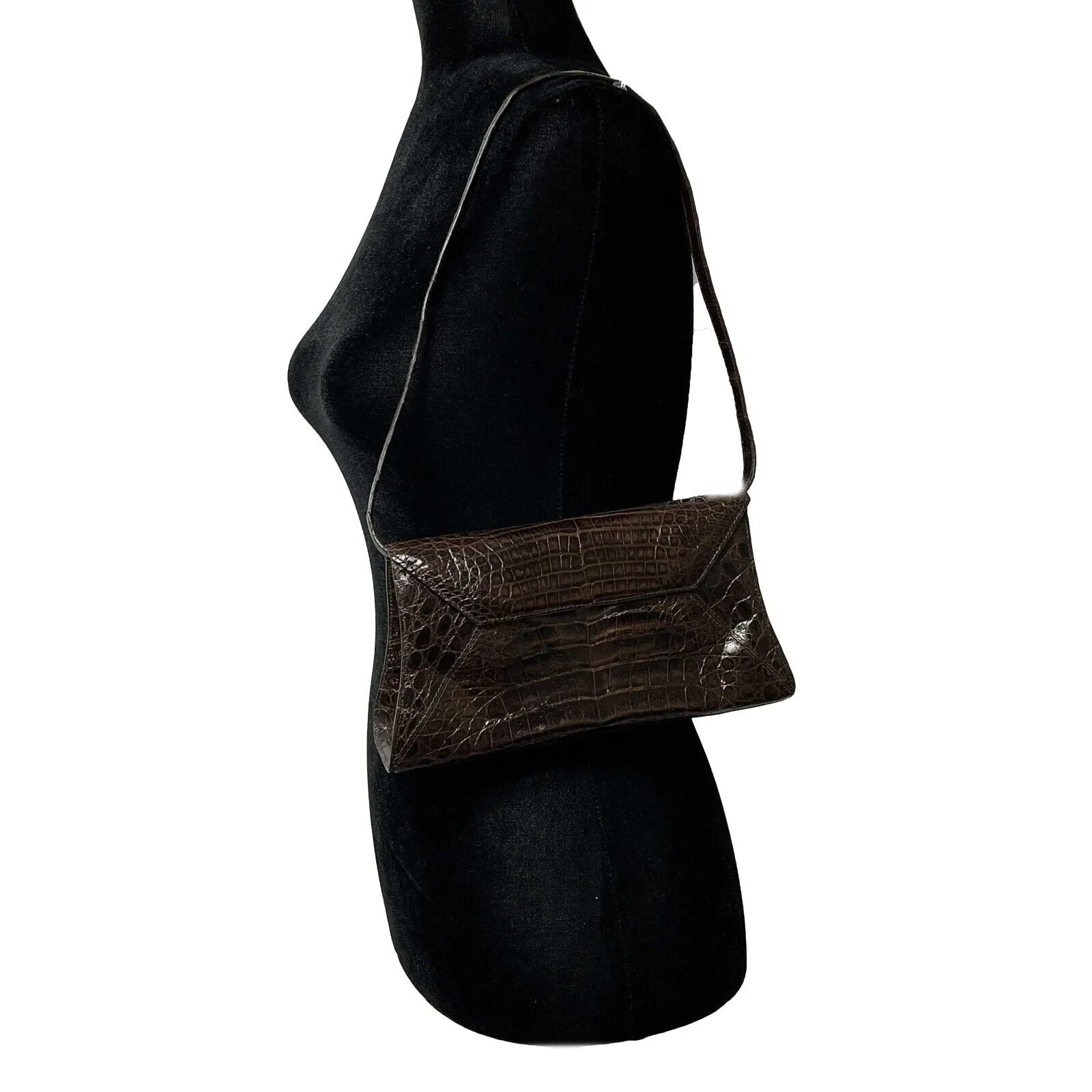 Nancy Gonzalez - Small Crocodile Trapezoid Brown Clutch Envelope Shoulder Bag