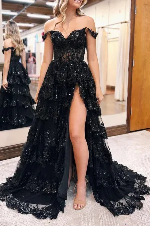 Off-the-shoulder Lace Appliques Prom Gown Black Party Dresses with Slit