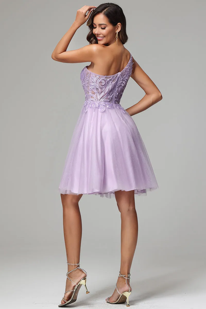 One Shoulder A-line Lilac Short Homecoming Dress with Appliques