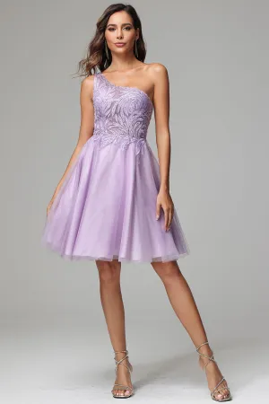 One Shoulder A-line Lilac Short Homecoming Dress with Appliques