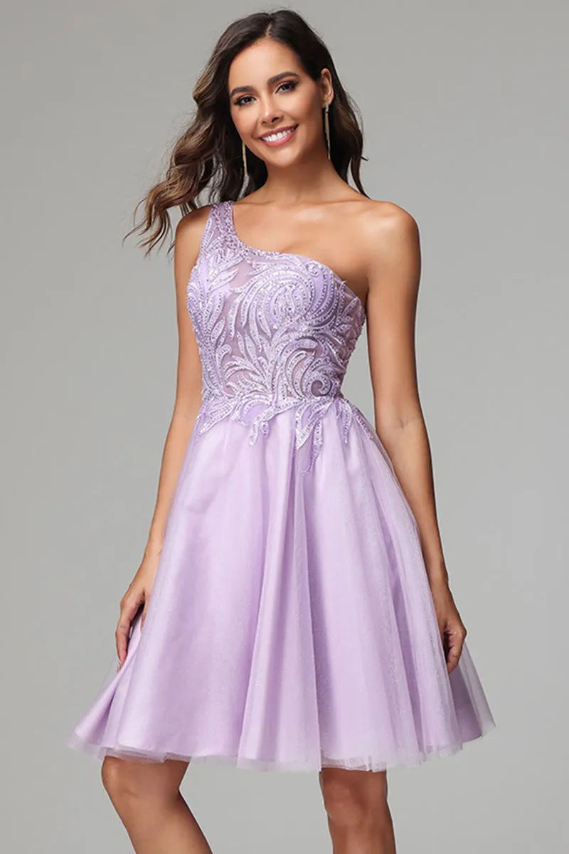 One Shoulder A-line Lilac Short Homecoming Dress with Appliques