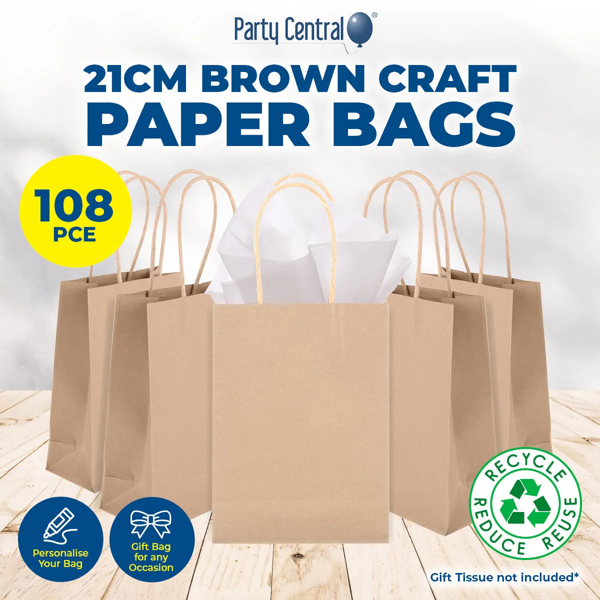 Party Central 108PCE Gift/Craft Paper Bags Brown Reusable 15 x 21cm