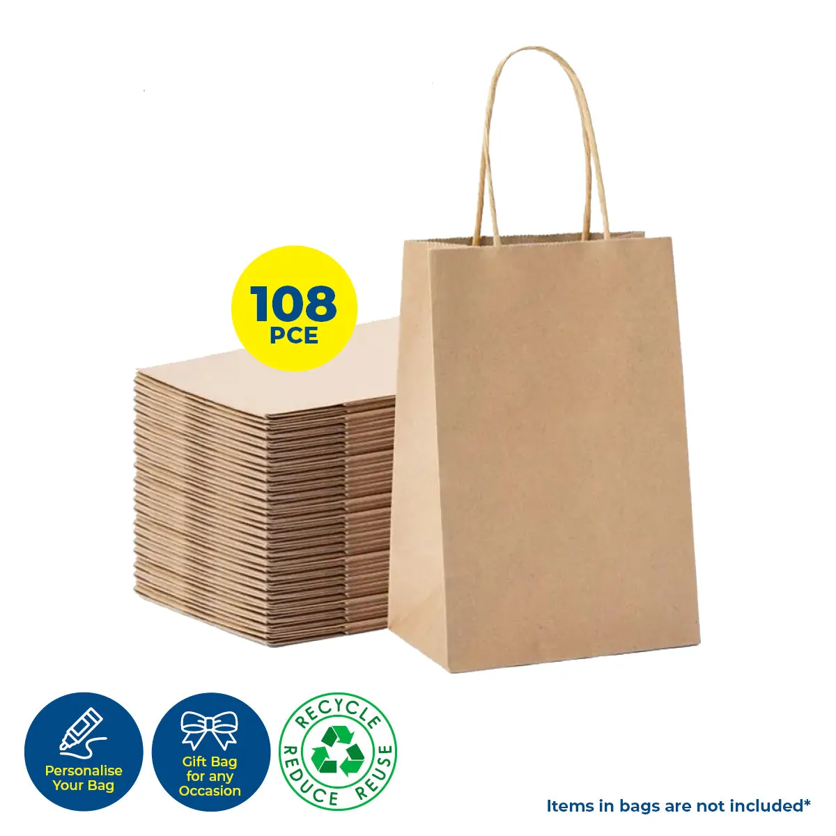 Party Central 108PCE Gift/Craft Paper Bags Brown Reusable 15 x 21cm