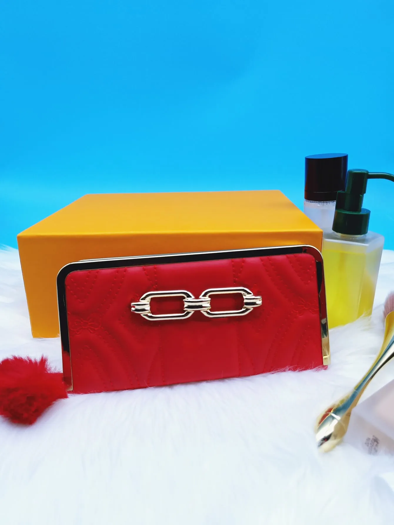 Pom Pom Decor Long Wallet - Red - FD ⚡