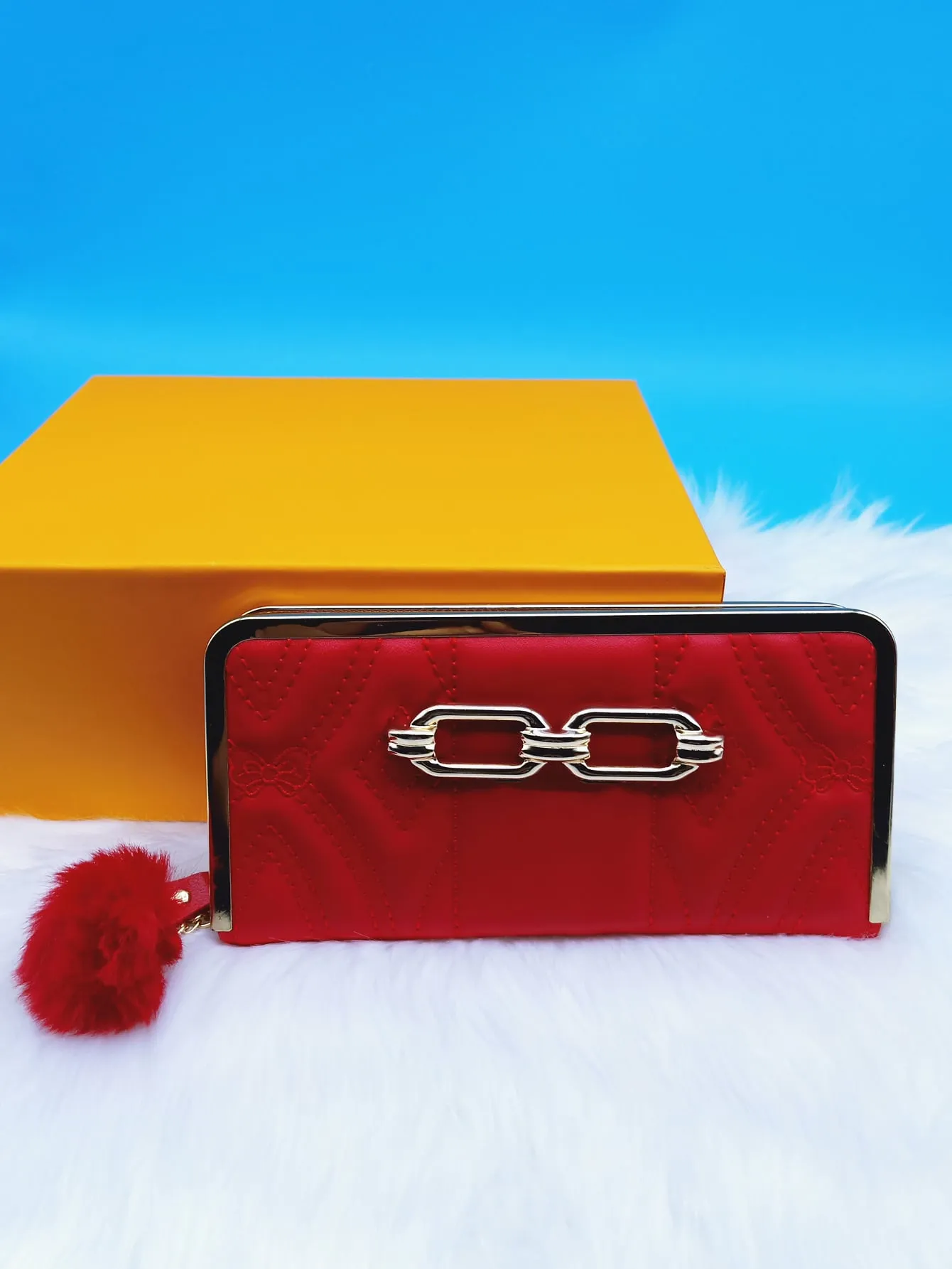 Pom Pom Decor Long Wallet - Red - FD ⚡