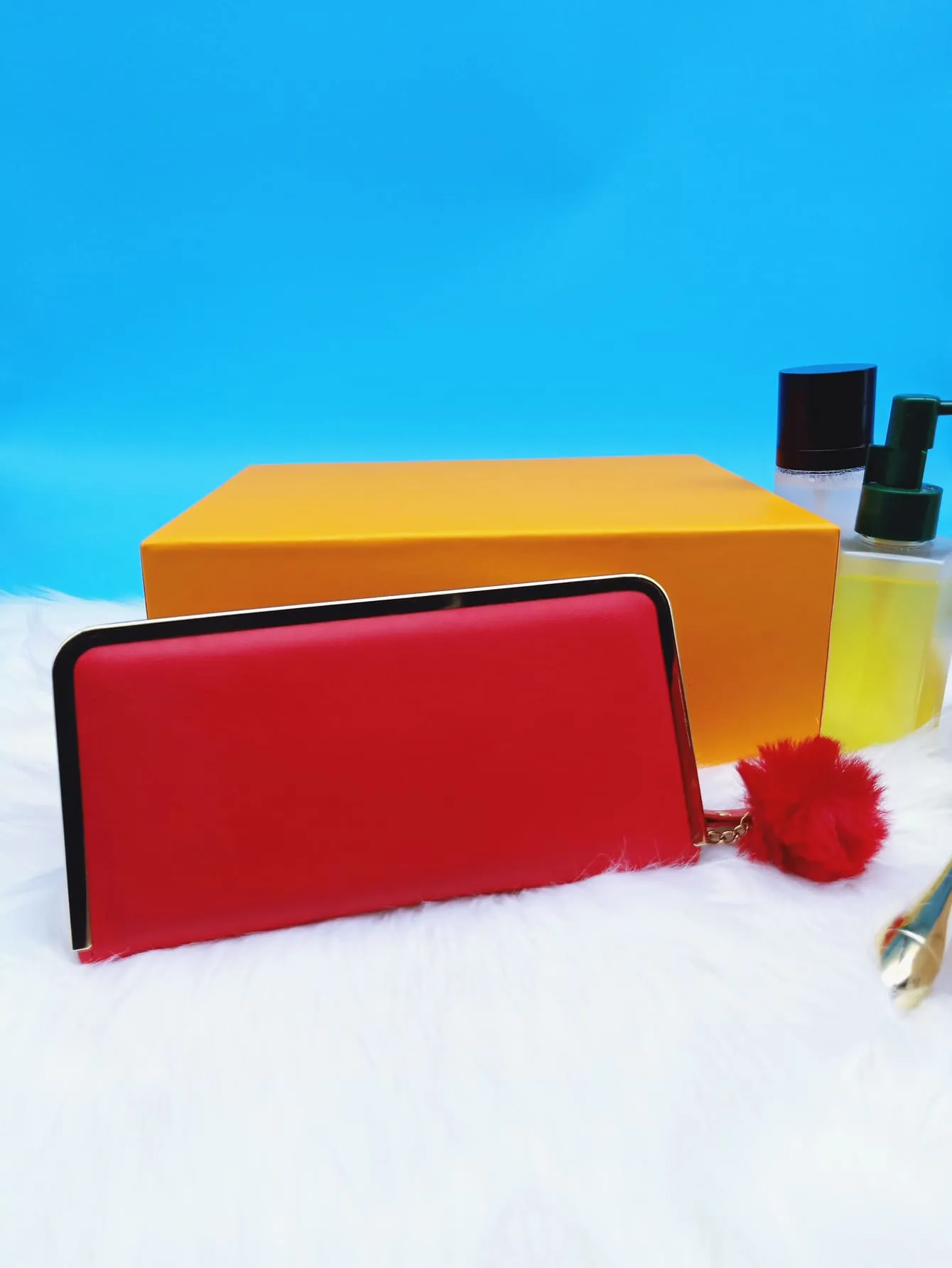 Pom Pom Decor Long Wallet - Red - FD ⚡