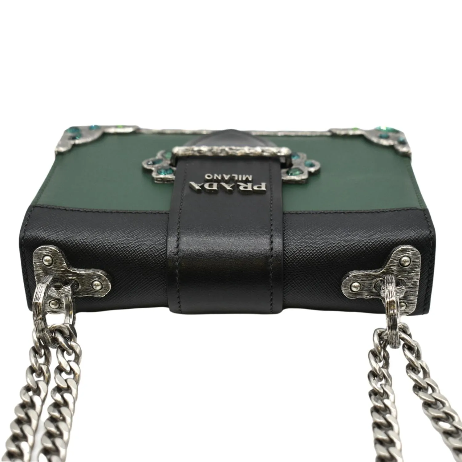 PRADA Cahier Swarovski Crystals Leather Shoulder Bag Green