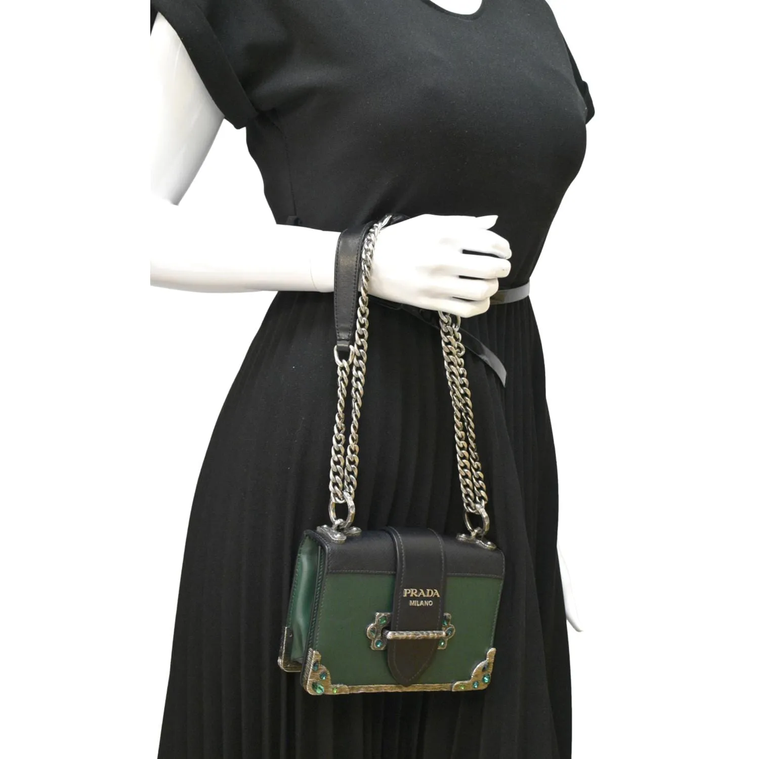 PRADA Cahier Swarovski Crystals Leather Shoulder Bag Green