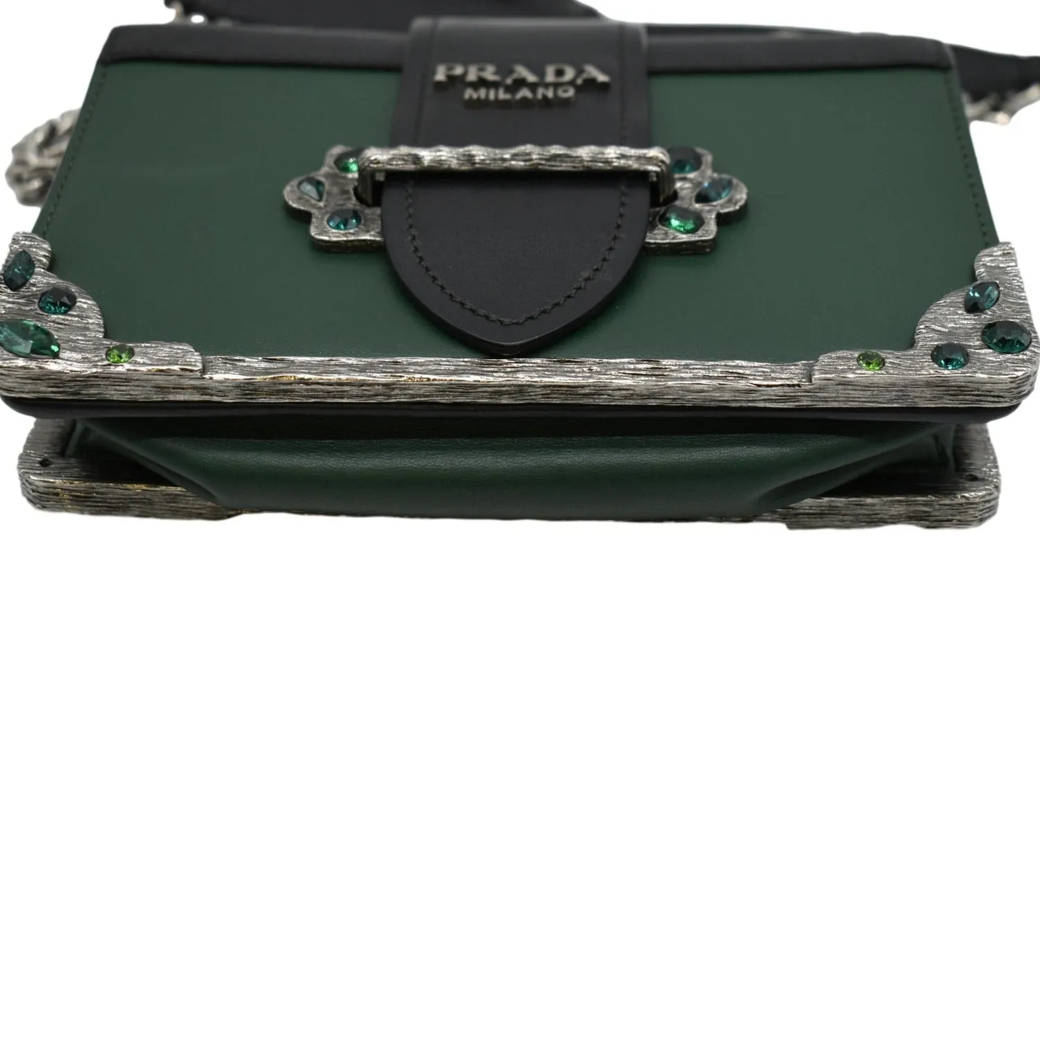 PRADA Cahier Swarovski Crystals Leather Shoulder Bag Green