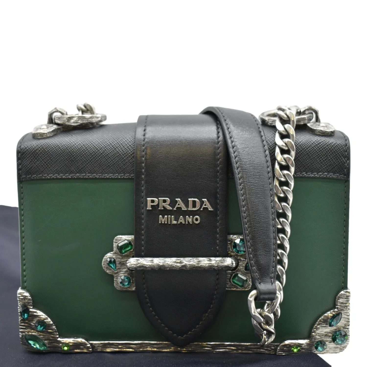 PRADA Cahier Swarovski Crystals Leather Shoulder Bag Green