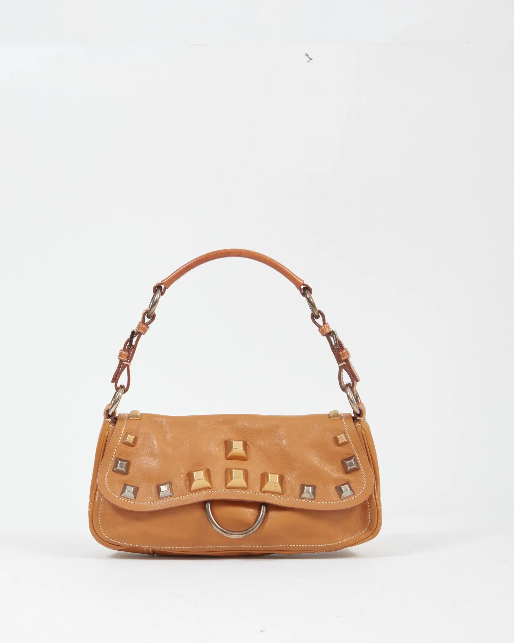 Prada Tan Leather Studded Shoulder Bag