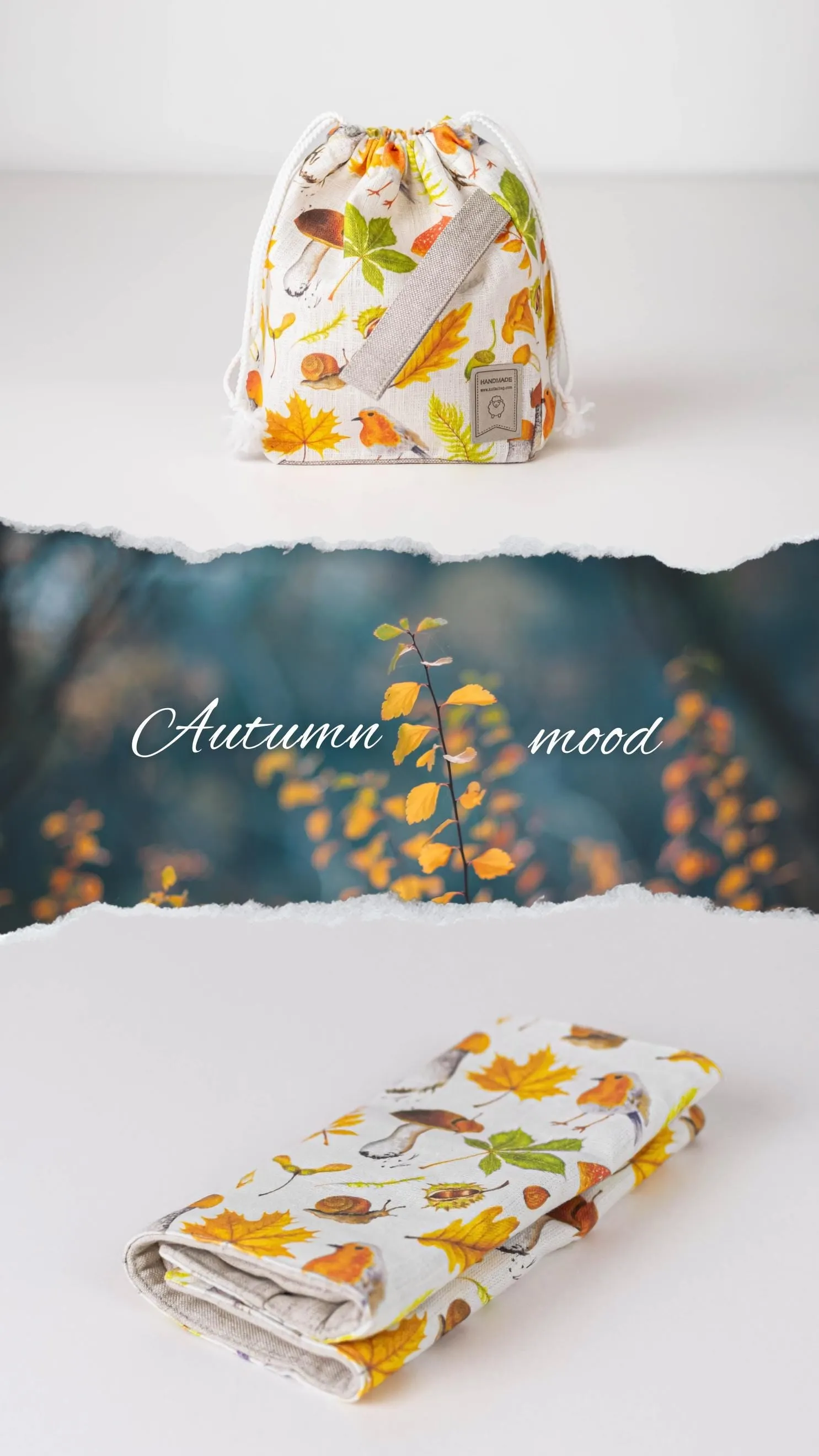 Project bags. Set of 2 Knitter Project Bags. Large and Small.  Autumn leaf print