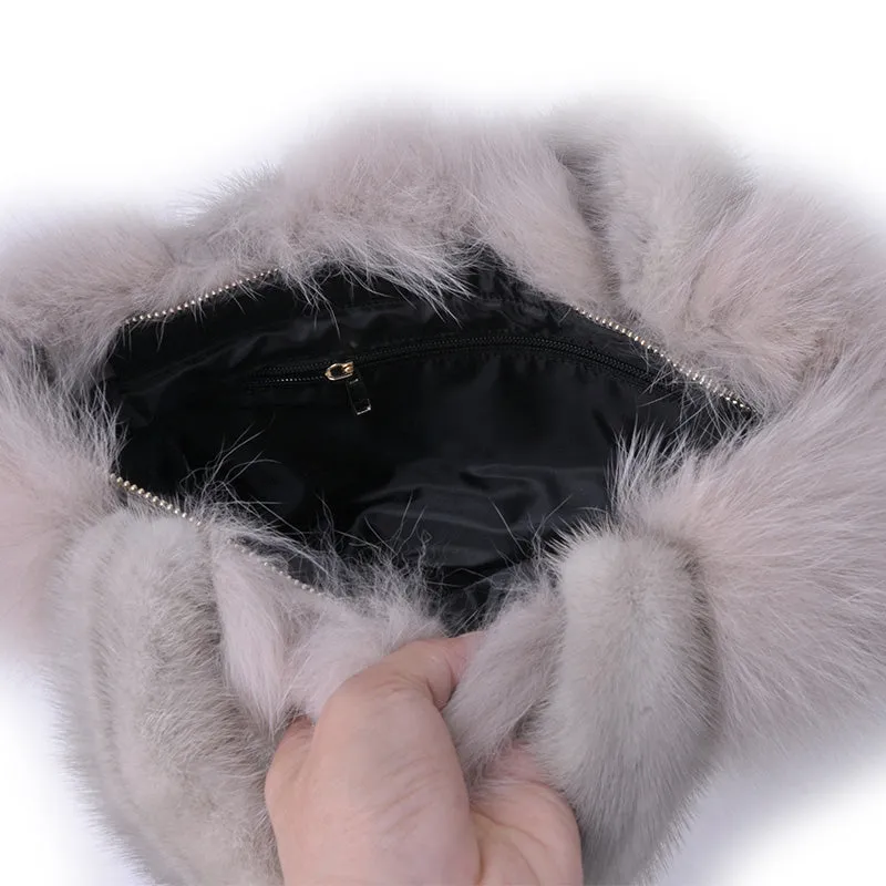 Real Mink Fur Bags Women's Luxury Fox Fur Handbags Fluffy Tote Bags High Quality Satchel Female Top-handle Bags 8822