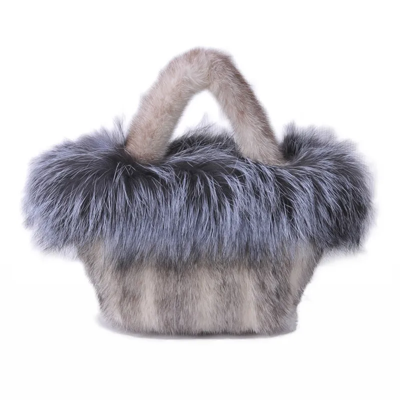Real Mink Fur Bags Women's Luxury Fox Fur Handbags Fluffy Tote Bags High Quality Satchel Female Top-handle Bags 8822