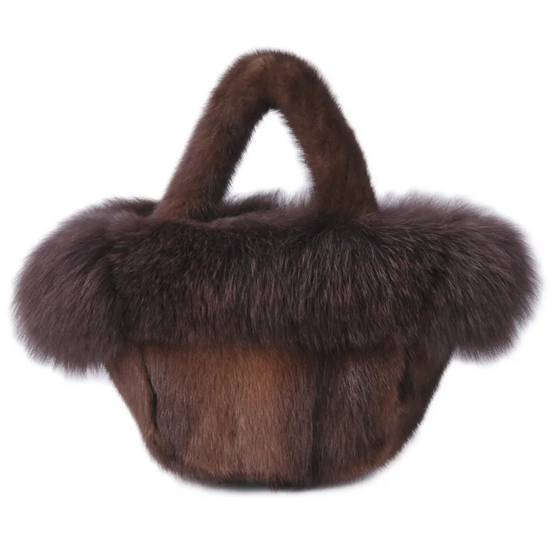 Real Mink Fur Bags Women's Luxury Fox Fur Handbags Fluffy Tote Bags High Quality Satchel Female Top-handle Bags 8822
