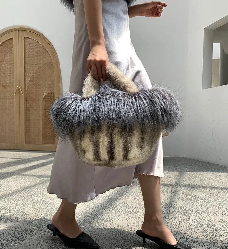 Real Mink Fur Bags Women's Luxury Fox Fur Handbags Fluffy Tote Bags High Quality Satchel Female Top-handle Bags 8822