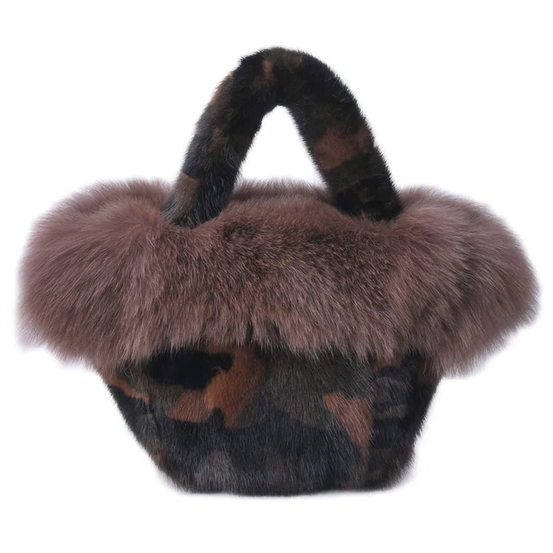 Real Mink Fur Bags Women's Luxury Fox Fur Handbags Fluffy Tote Bags High Quality Satchel Female Top-handle Bags 8822