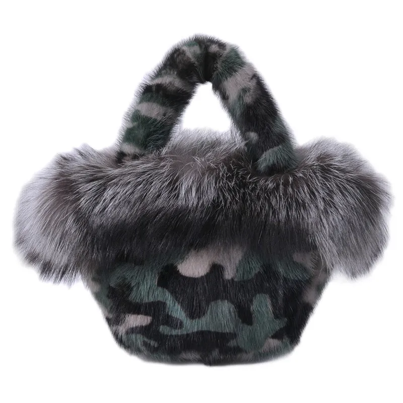 Real Mink Fur Bags Women's Luxury Fox Fur Handbags Fluffy Tote Bags High Quality Satchel Female Top-handle Bags 8822