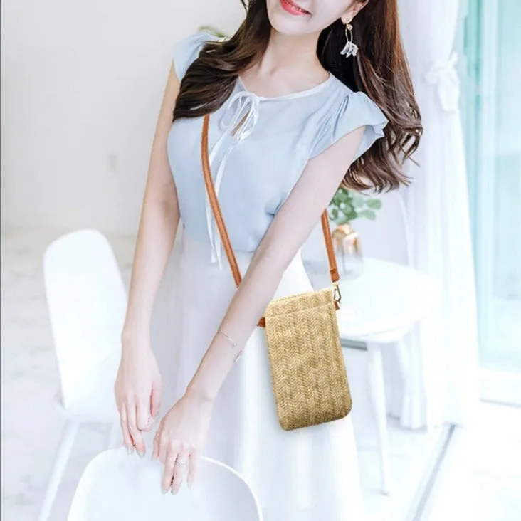 Realaiot Fashion Woven Straw Ladies Crossbody Messenger Bag Summer Bohemia Beach Rattan Shoulder Pack Small Solid Mobile Phone Coin Purse