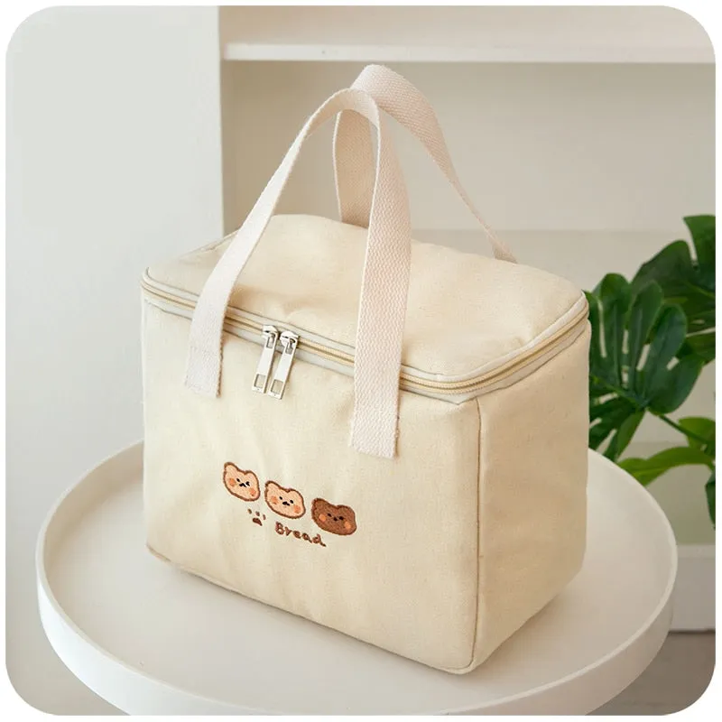 Realaiot Kawaii Bear Lunch Bags For Women Kids Girl Cute Korean Canvas Insulated Portable Picnic Tote Food Storage Bags For Office Lady