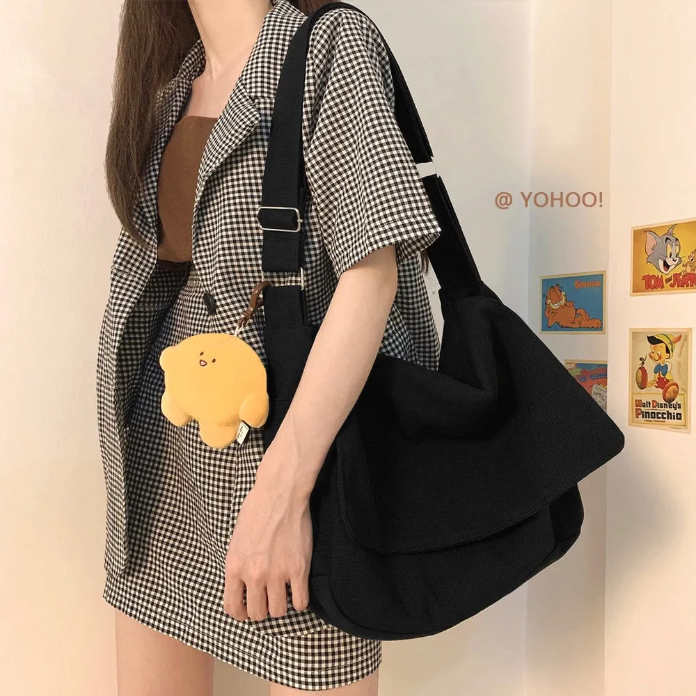 Realaiot Women Handbag Japanese Ins Simple Style Solid Color Versatile Messenger Bag Sail Cloth Schoolbag Men Korea
