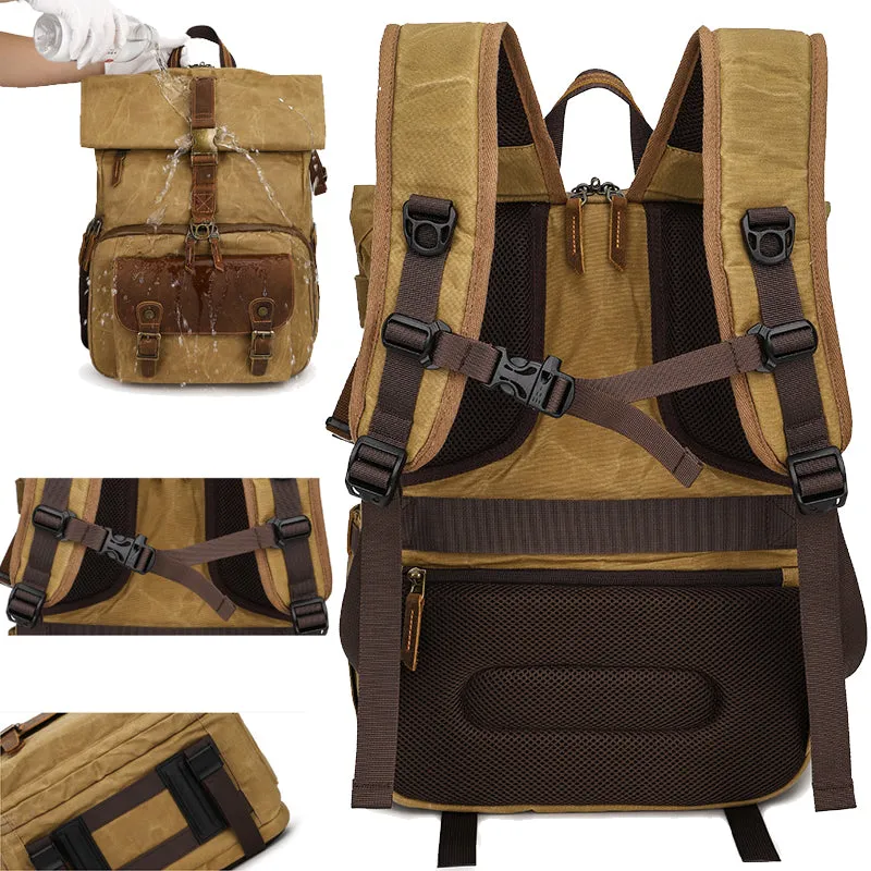 Retro Batik Canvas Leather Backpack Camera Bag