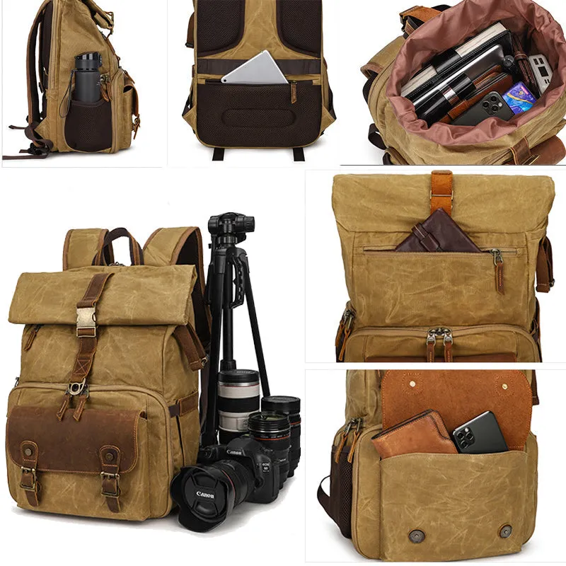 Retro Batik Canvas Leather Backpack Camera Bag