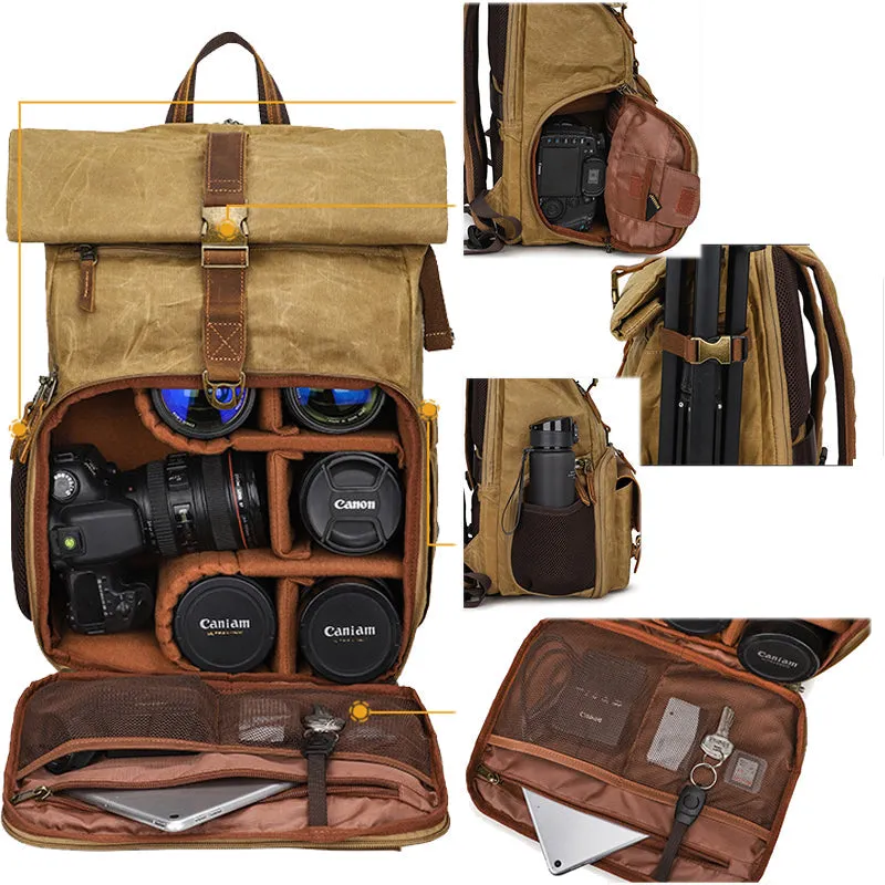 Retro Batik Canvas Leather Backpack Camera Bag